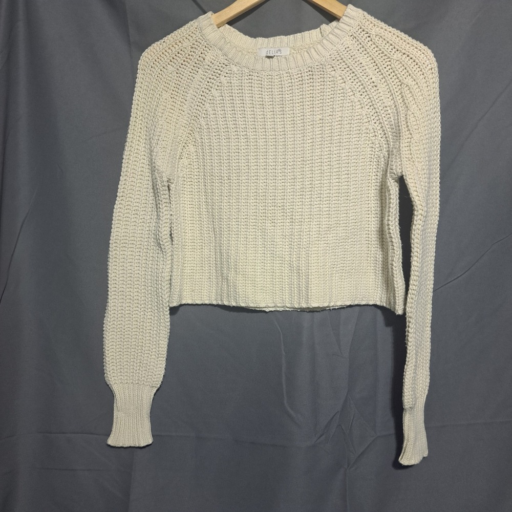 delias Womens Sz M Ivory Crop Crocheted Sweater‎